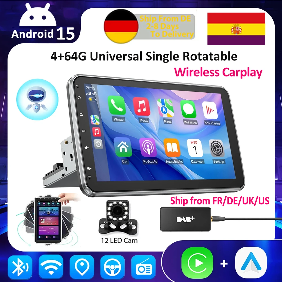 Radio Universal para Auto ESSGOO de 10 Pulgadas con Android 15, Carplay, Pantalla Giratoria, Bluetooth, Receptor de Radio FM, GPS, Estéreo Automotriz 1