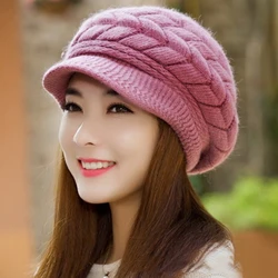 New Fashion Women Faux Rabbit Fur Hat Comfortable Winter Warm Beanies High Quality Plus Velvet Wide Brim Knitted Hat For Ladies