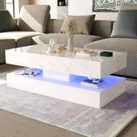 LED Coffee Table with 2 Storage Drawers, Modern High Gloss White Coffee Table w/20 Colors LED Lights, 2 Tiers Rectangle Center T 1