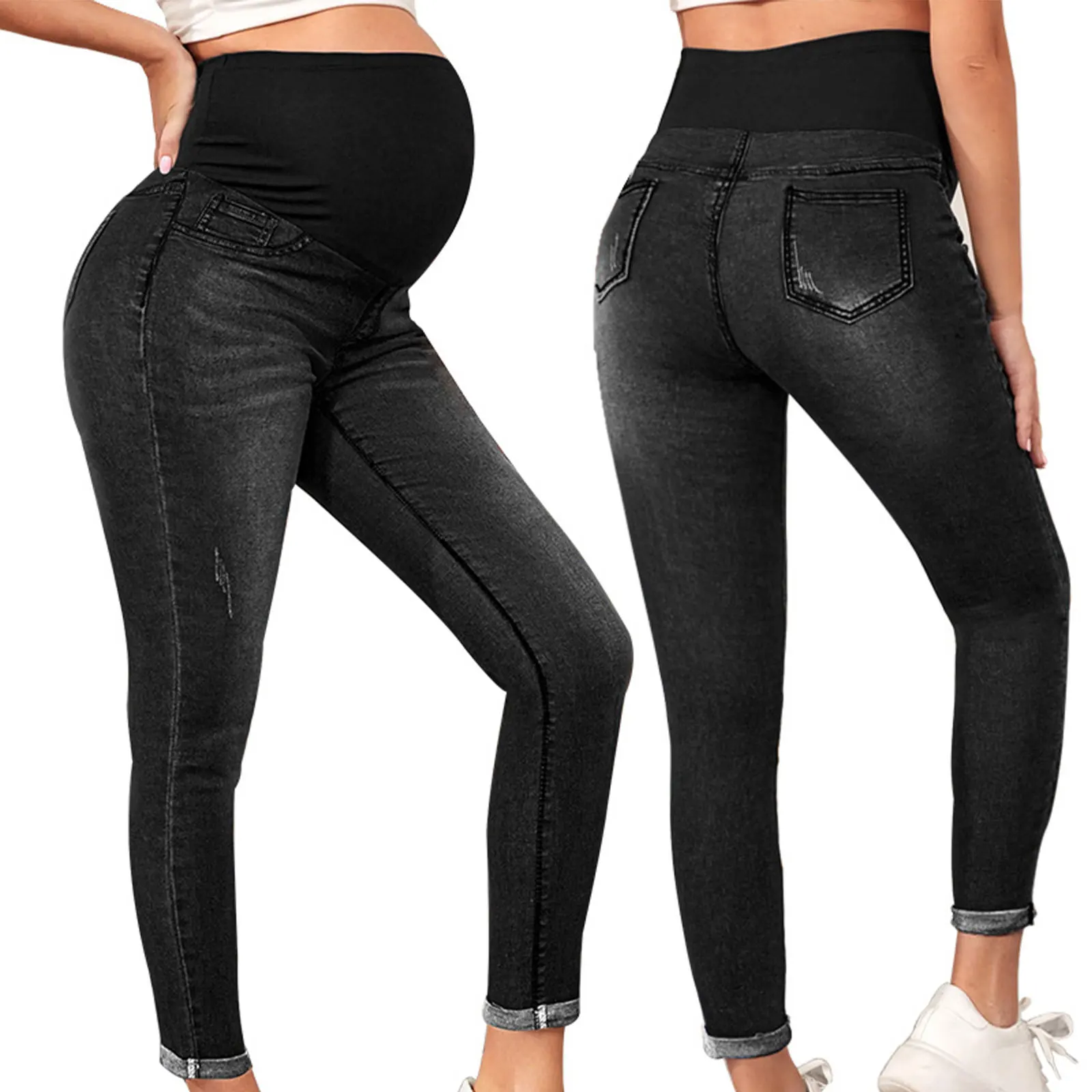 Pregnant Women Jeans High Waist Support Belly Maternity Hip Lifting Elastic Denim Pants Shorts for Daily Work Street Loungewear