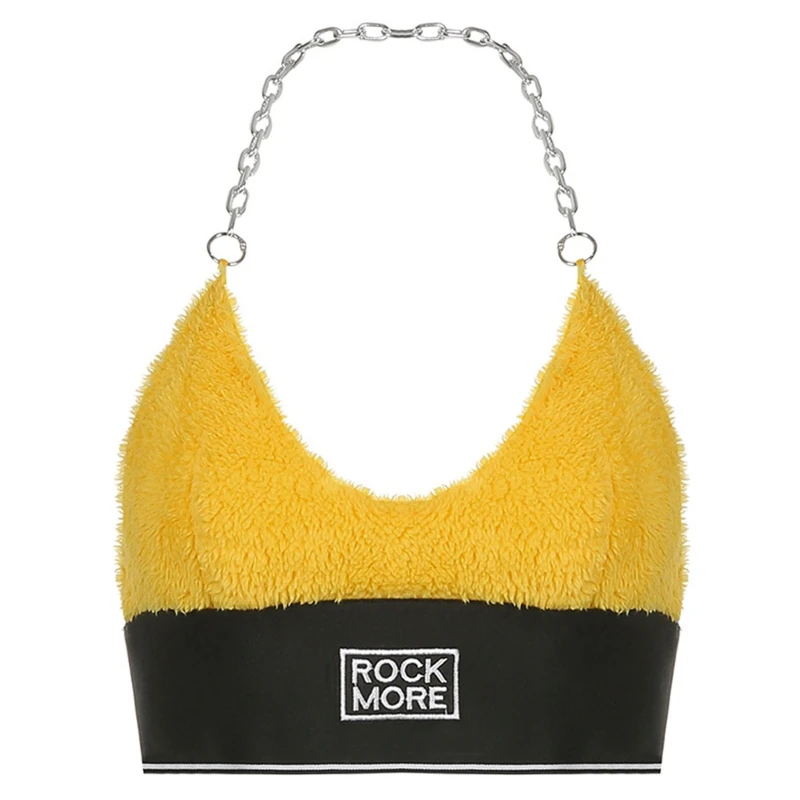 

Women Summer Sexy Chain Halter Neck Crop Top Harajuku Faux Fur Plush Sexy V-Neck Backless Camisole Letters Embroidery Mini P8DB
