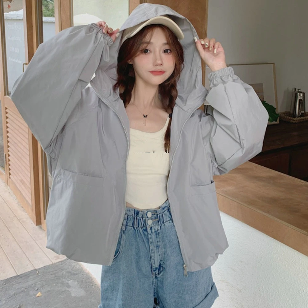 All-match Loose Sunscreen Coat Women Solid Color Windproof Sun-Protective Tops Out Wear Quick-Drying Hooded Jacket Outdoor