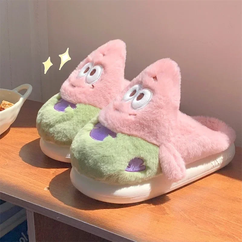 SpongeBob Patrick Star Plush Slippers Winter Fulffy Fur Slippers for Men  Women Anime Thickened Anti-slip Indoor Warm Cotton Shoe - AliExpress