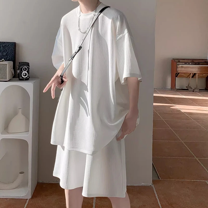

2024 Summer Pleated Sets Men Fashion Casual Short Sleeved T Shirt Trousers Two-piece Set Mens Korean Loose Ice Silk Men W106