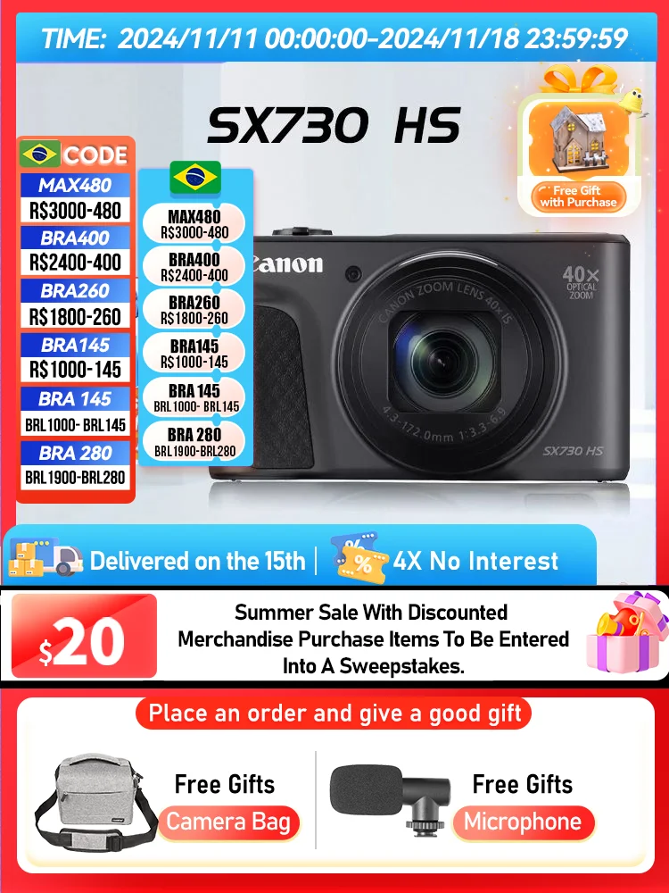 Canon PowerShot SX730 HS SX60 HS Portable Small Card Digital Camera 40X Optical Zoom Lens 1080P HD Video Cameras SX730 SX60（Used