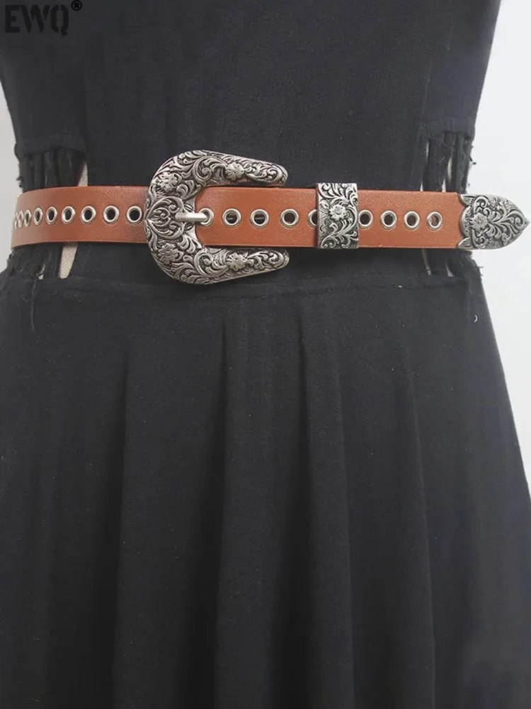 

[EWQ] Vintage Punk Style Carved Buckle Double Row Rivet Waistband Fashion All Match PU Leather Belt 2024 Spring Autumn 16U7455