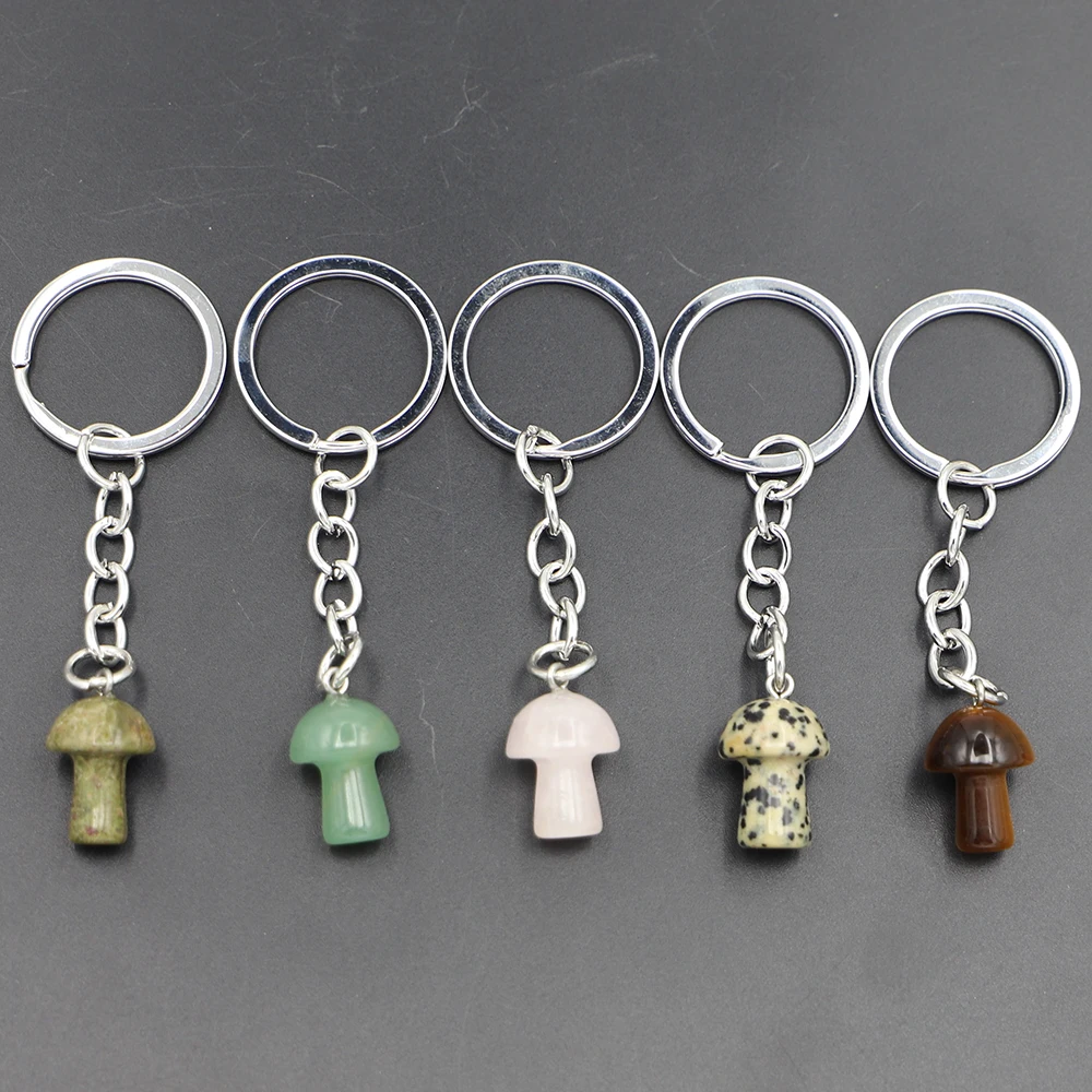 New Natural Stone Key Chain Mushroom Pendant Cute Mini Statue Charms Crafts With Loop Bracelets Keychain Jewelry Accessories 6Pc