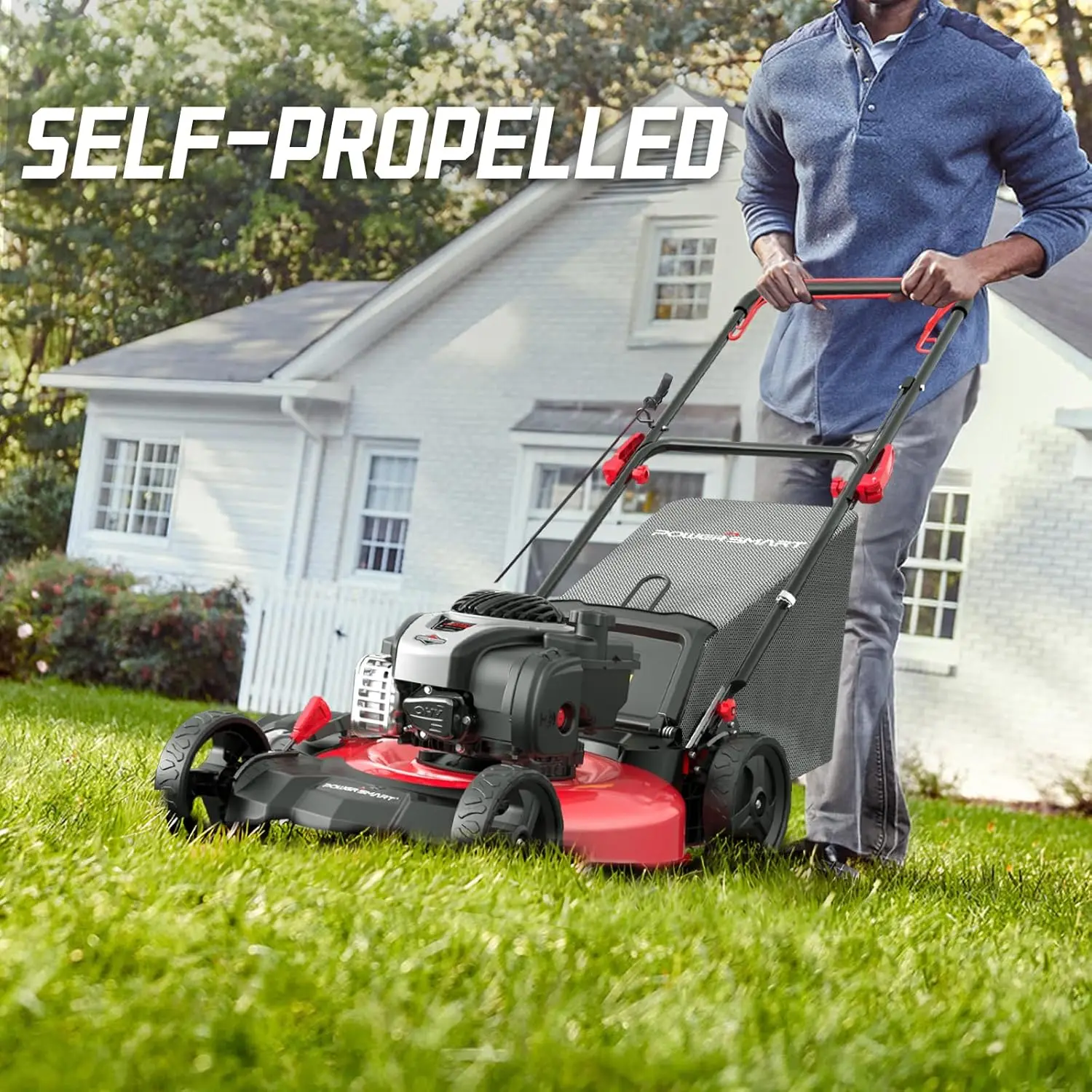 Self Propelled Gas Lawn Mower Engine 21 Inch Steel Deck 3 in 1 Mulch 6 Position Dual Lever Height Adjustment