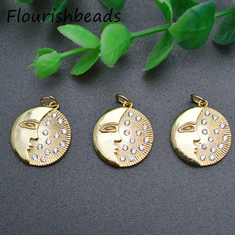 

High Quality Nickel Free Anti Rust Gold Plating CZ Pave 18x20mm Round Moon Charms Pendants for Diy Necklace Making 20pc Per Lot