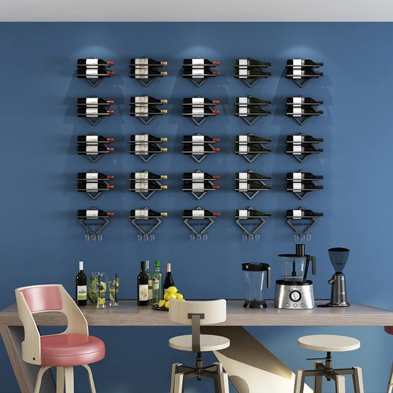 

Wall Mounted Metal Wine Rack Long Stem Glass Holder Wine Bottle Display Storage M76D