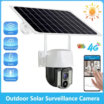 Telecamera PTZ WiFi solare 4G Sim Telecamere IP impermeabili per esterni Rilevazione movimento PIR Visione notturna Telecamera di sorveglianza con batteria incorporata