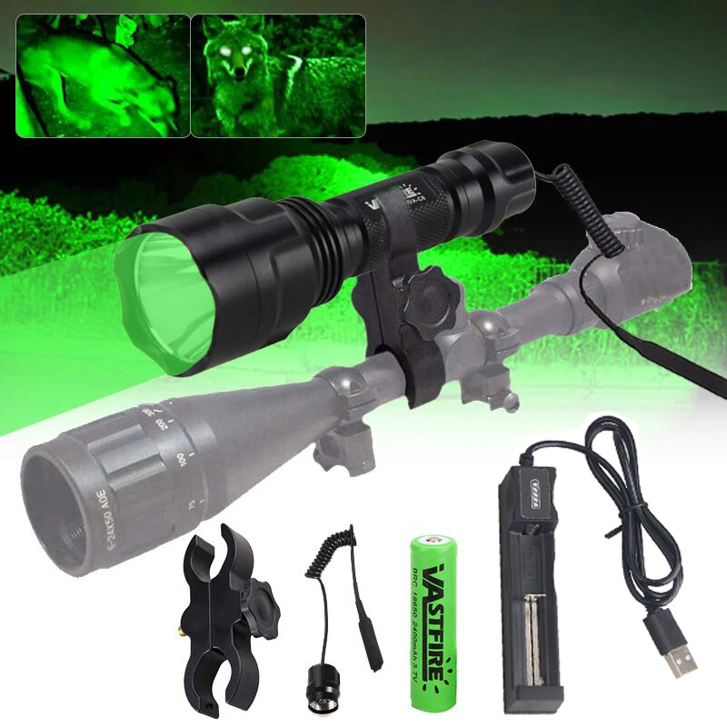 C8 LED Flashlight White/Green/Red Hunting Rifle Lantern+Pressure Switch+Rail Scope Mount+18650+USB Charger