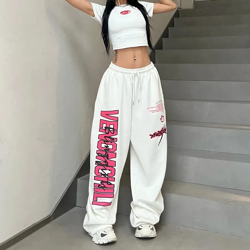 

Y2K Streetwear White Jogging Sweatpants Women Harajuku Sports Pants Oversized Hip Hop Letter Straight Wide Leg Mopping Trousers