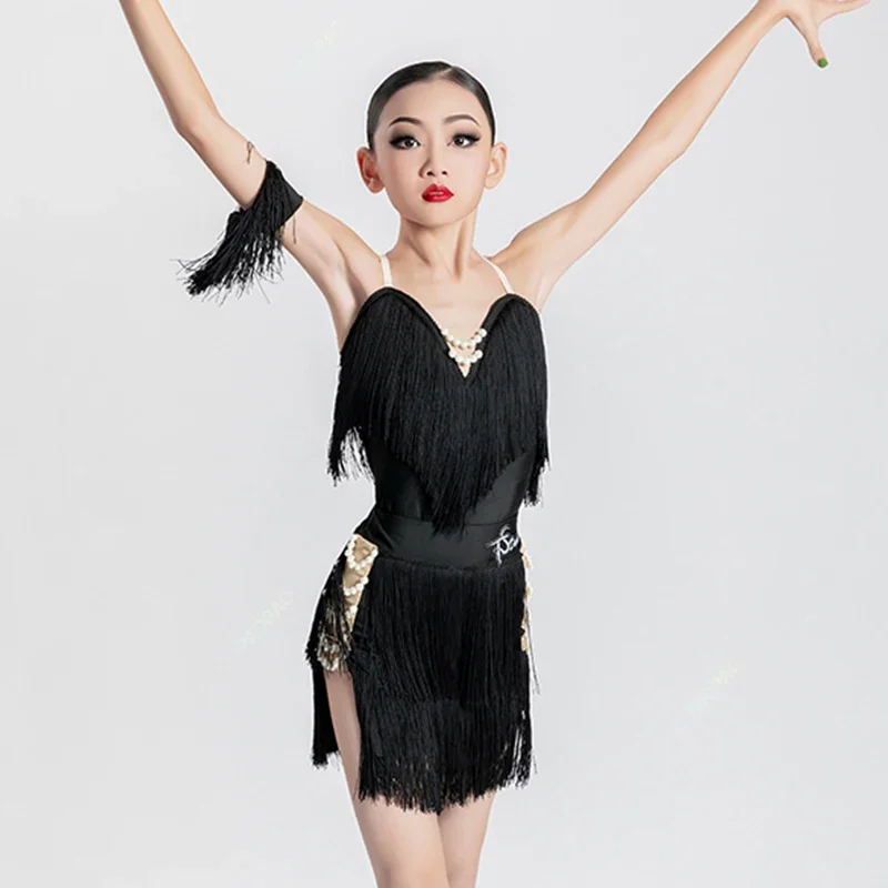 New Girls' Latin Dance Dress Summer Children Latin Practice Wear Black Fringe Dress Competition Suit Samba Cha Cha Costume