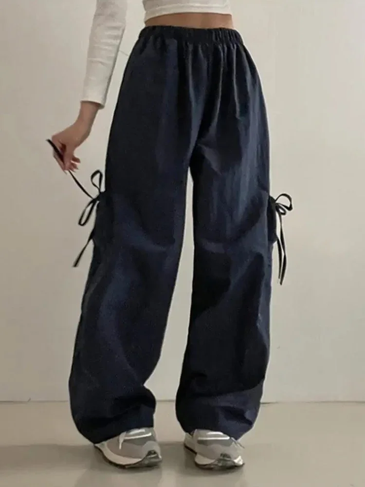 

Женские повседневные свободные однотонные брюки в американском стиле, универсальные осенние брюки с боковым карманом и бантом для идеальной работы и школы