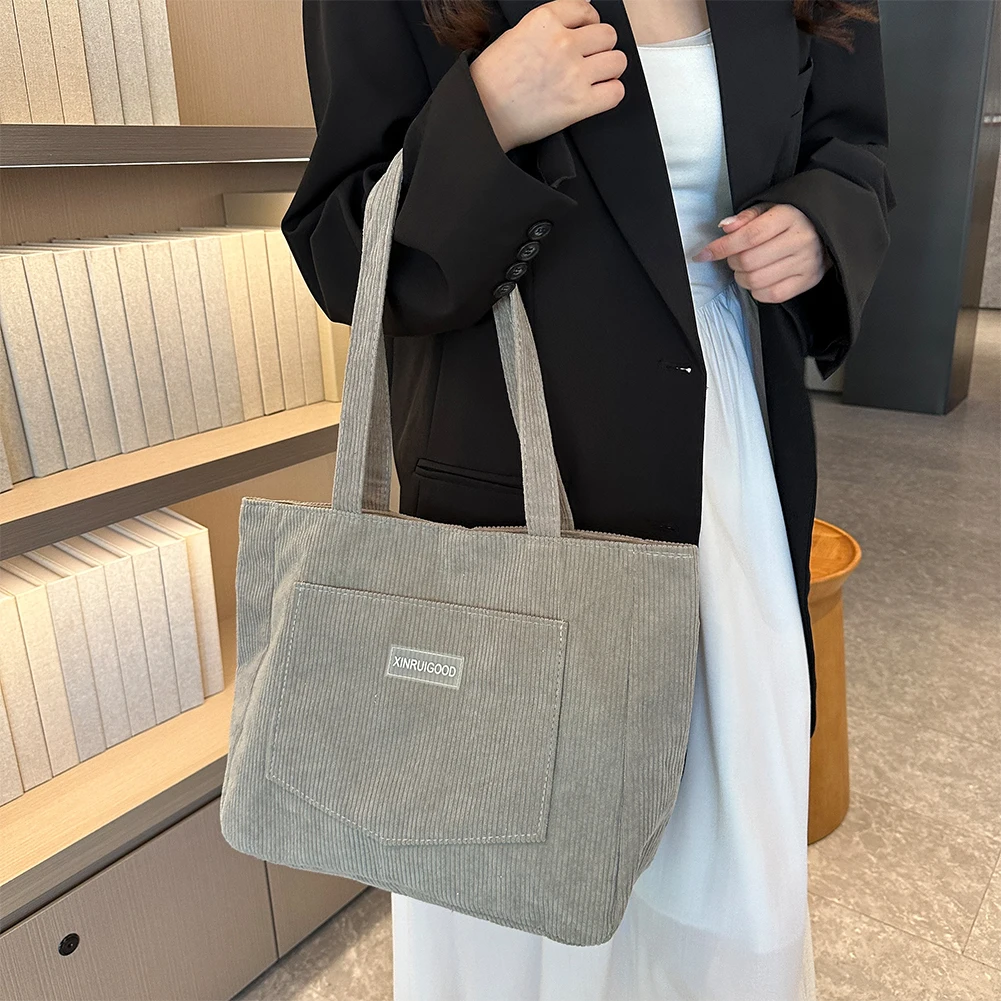 Cord Umhängetasche für Frauen einfache einfarbige Handtasche große Kapazität Einkaufstasche Einkaufstasche mit Taschen fach – Detail 7