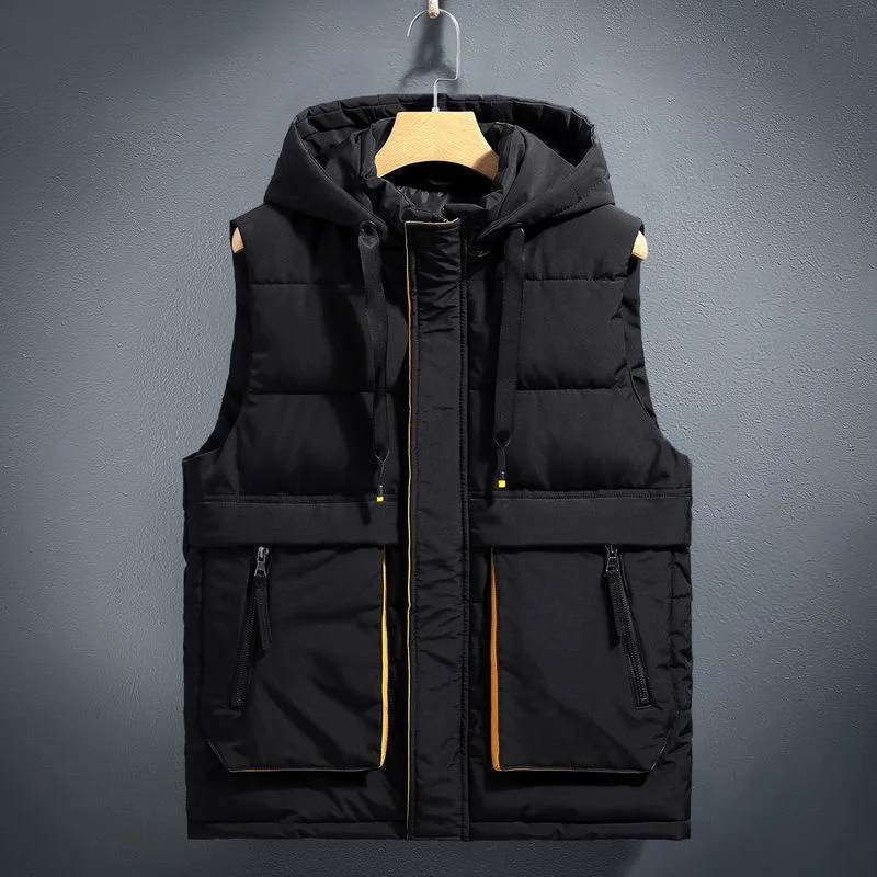 hanorange 2023 winter lazy detachable hat cotton padded vest women loose warm sleeveless jacket pink purple tobacco khaki black L-7XL Tooling Style Men Hooded Vests Detachable Black Warm Waistcoat Loose Male Coat Fashion Sleeveless Heated Padded Jacket New