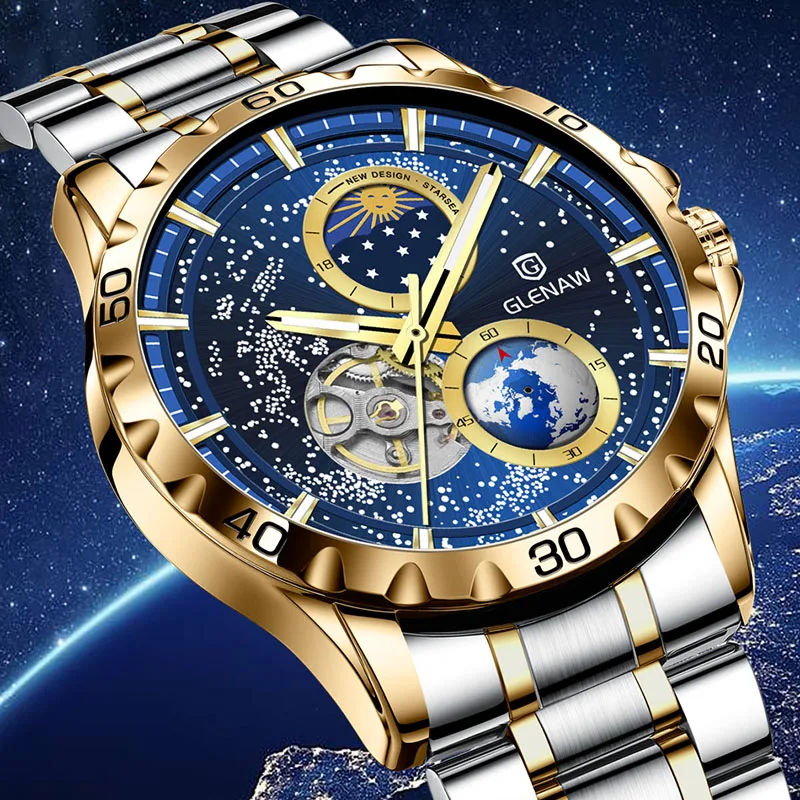 GLENAW New Men's Automatic Watches Skeleton Starry Sky Moon Phase Luminous Waterproof Stainless Steel Mechanical Watch for Men tandorio automatic diving watch for men double bow domed sapphire crystal nh35 pt5000 movt 200m water resist 40mm luminous dial