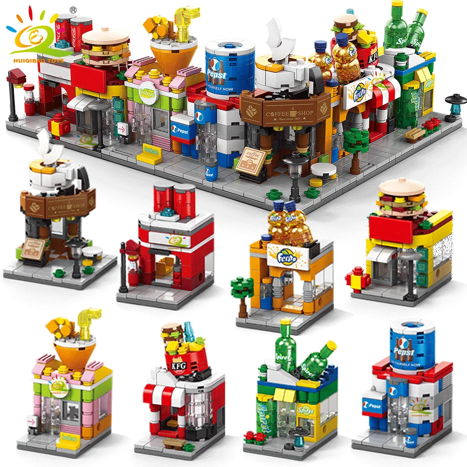 Huiqibao Moc Architecture Street View Building Blocks Coffee Store Restaurant Room Bambini City Construction Brick Toy Set Gift