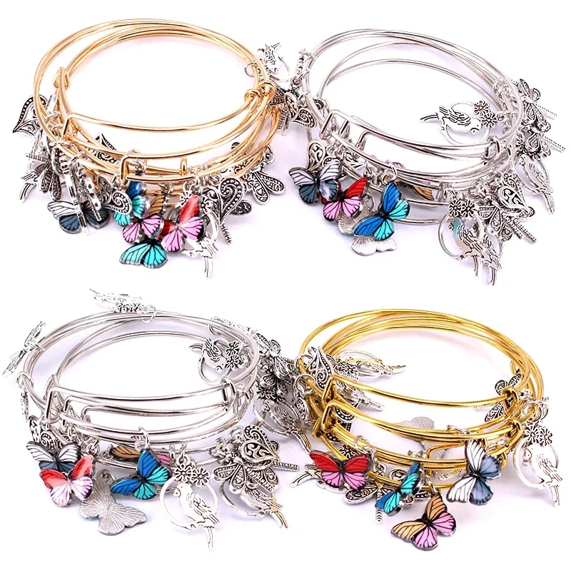 Bangle Bracelet 5pcs Bangle Set Wire Bracelets for Women Girls Jewelry Butterfly Parrot Dragonfly Love Heart Charms