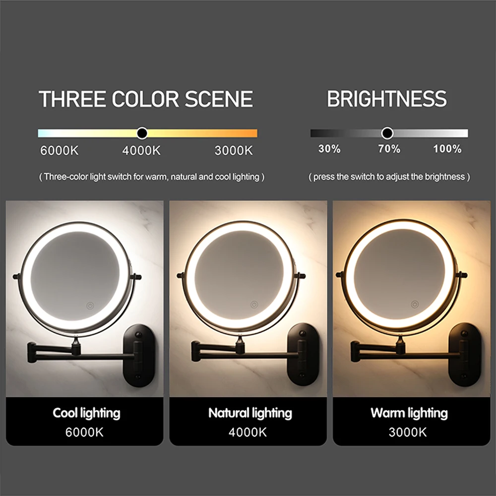 8 inch Makeup Mirror Black/Chrome 3x/5x/7x/10x Magnifying Double Side Battery Powered Bathroom 3 color light Cosmetic Mirrors 4