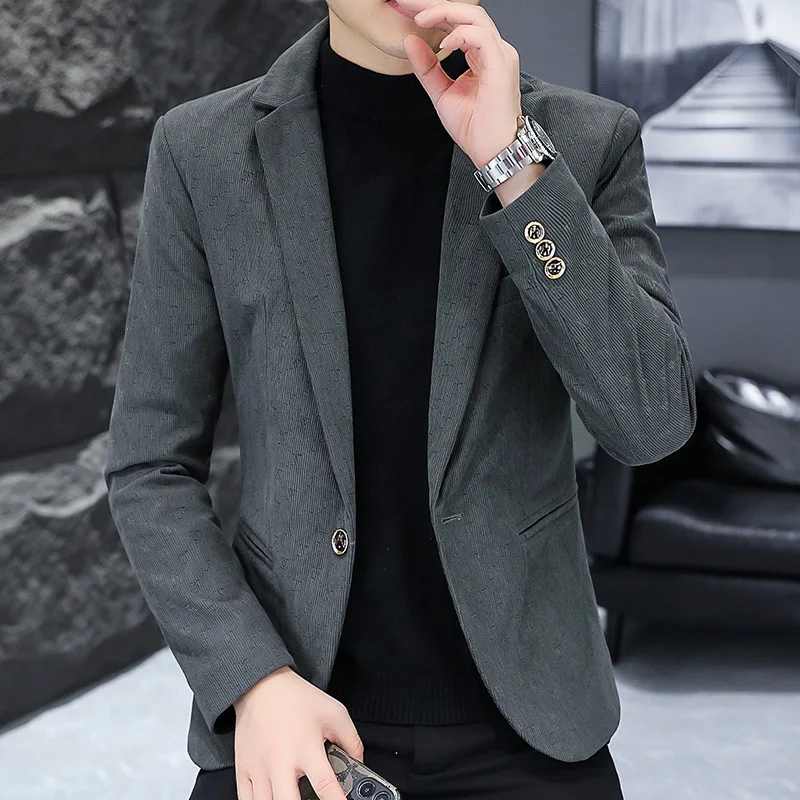 Brand Printed Mens Suit Jacket High Quality Khaki Gray Black Business Casual Man Clothing 2023 Fashion Slim Fit Male Blazer Coat