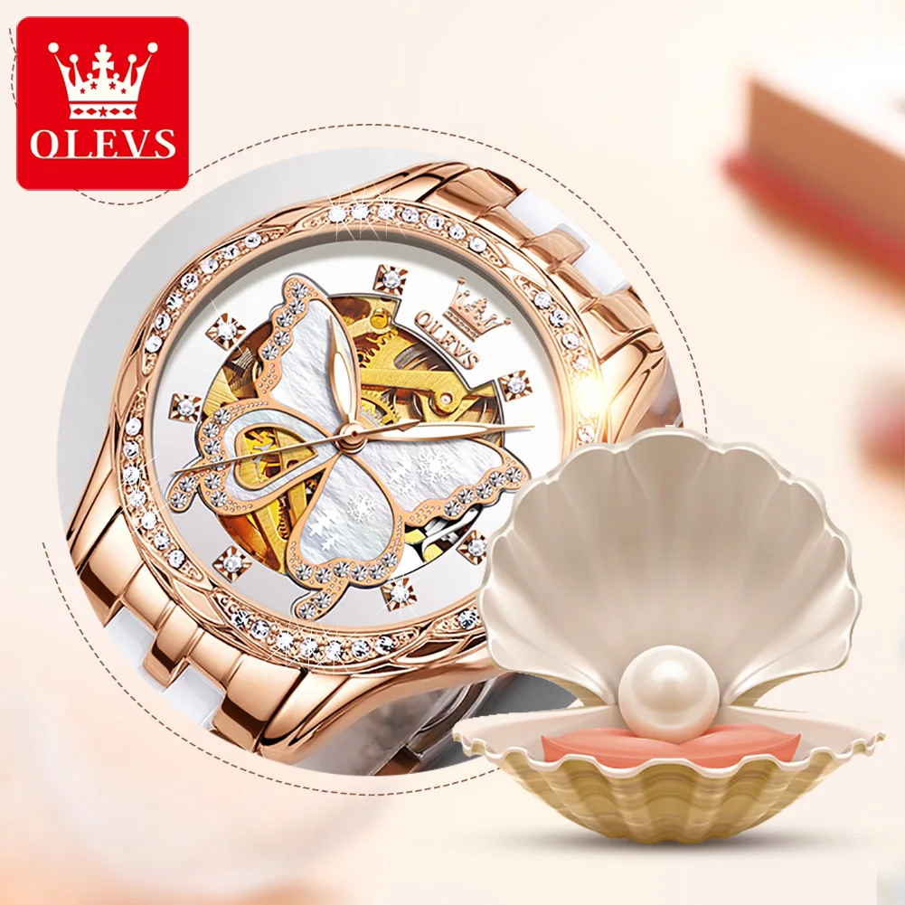 OLEVS Top Brand Mechanical Women Watch Fashion Switzerland Luxury Brand Ladies Wrist Watch Automatic Leather Strap Gift 6