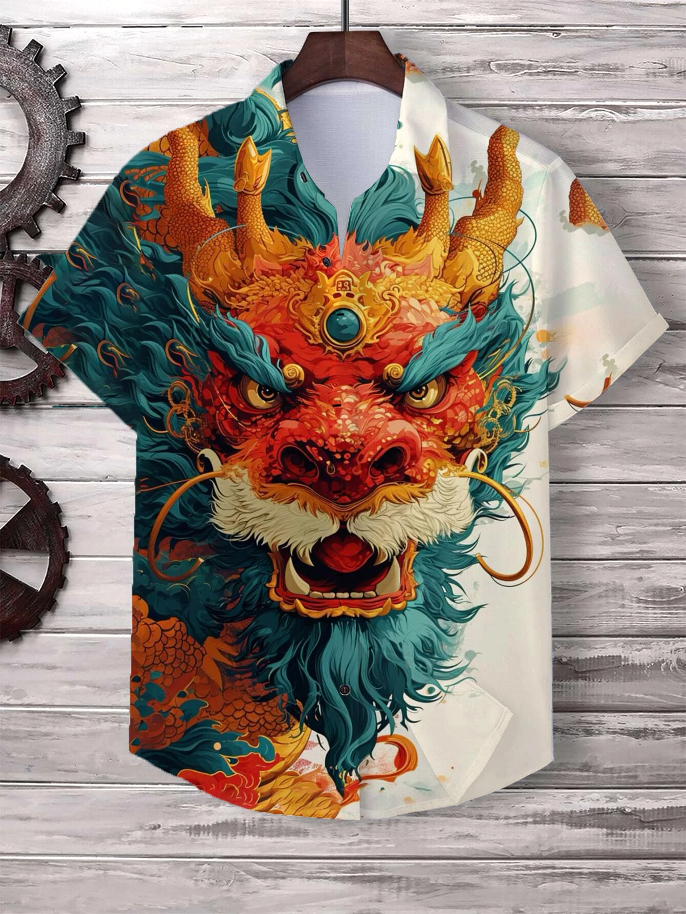 thumbnail image 1 of Camisa de Año Nuevo chino para hombre, camiseta de manga corta con cuello de solapa a la moda, camisa para hombre con estampado de dragón genial, ropa de hip hop callejero, 1 of 4