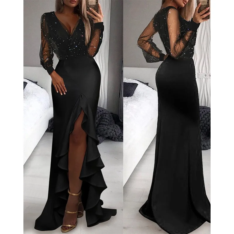 Autumn Party Women elegant V Neck Fashion Office Jumpsuit Long Sleeve Business Spring Wide Leg Pants Sequin Sheer Mesh Romper