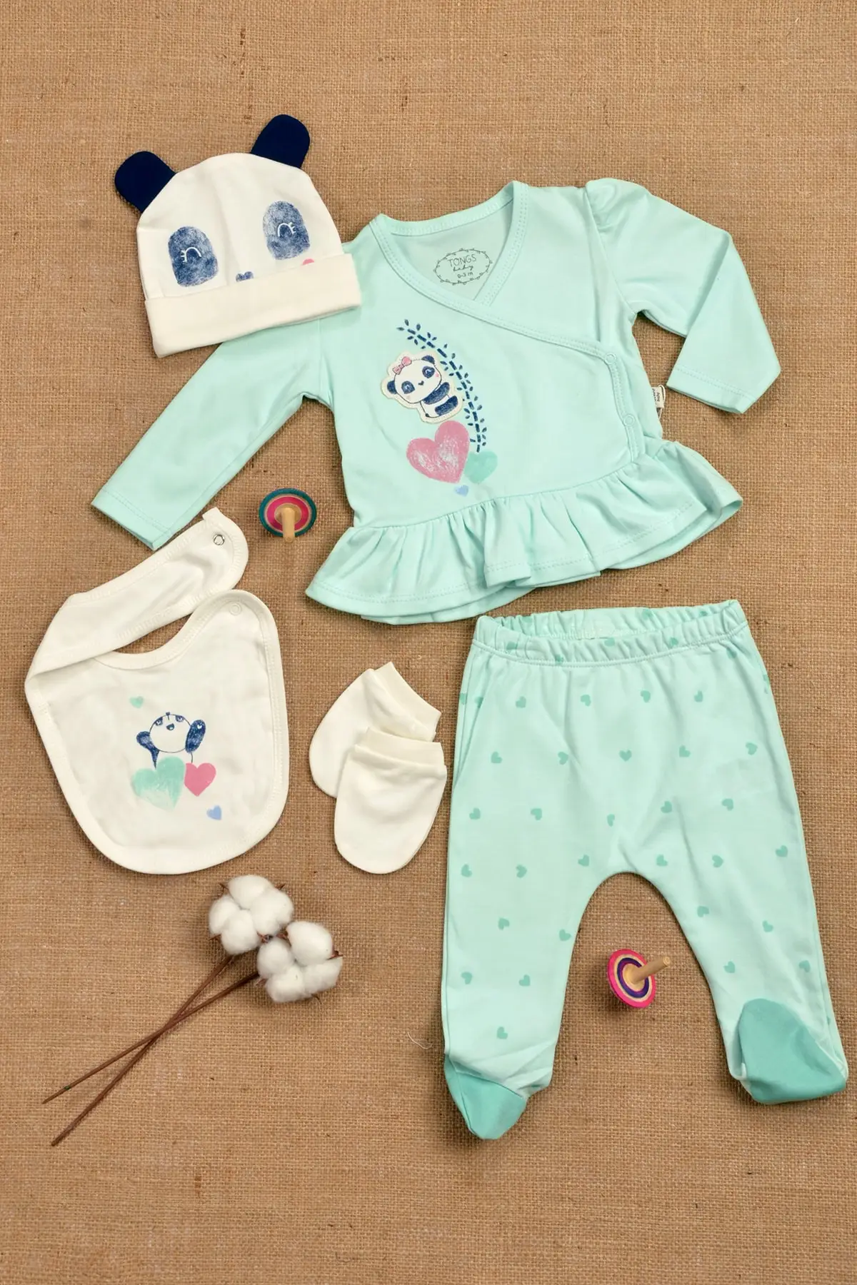 

100% Cotton, Frill Skirt, Panda Themed, Side studs, Newborn Set & Hospital Outlet 0-3 Months Green