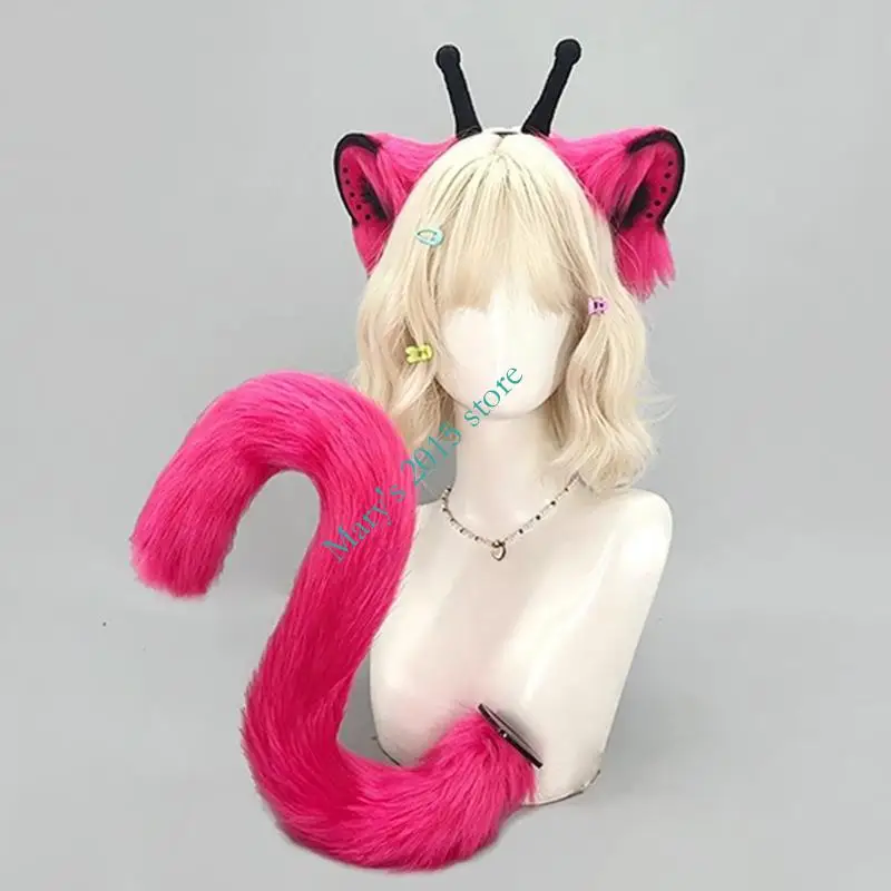Cats Costume Accessories Cats Ears and Tail Set Plush Texture with Adjustable Waist Strap for Holiday Party and Convention Wear