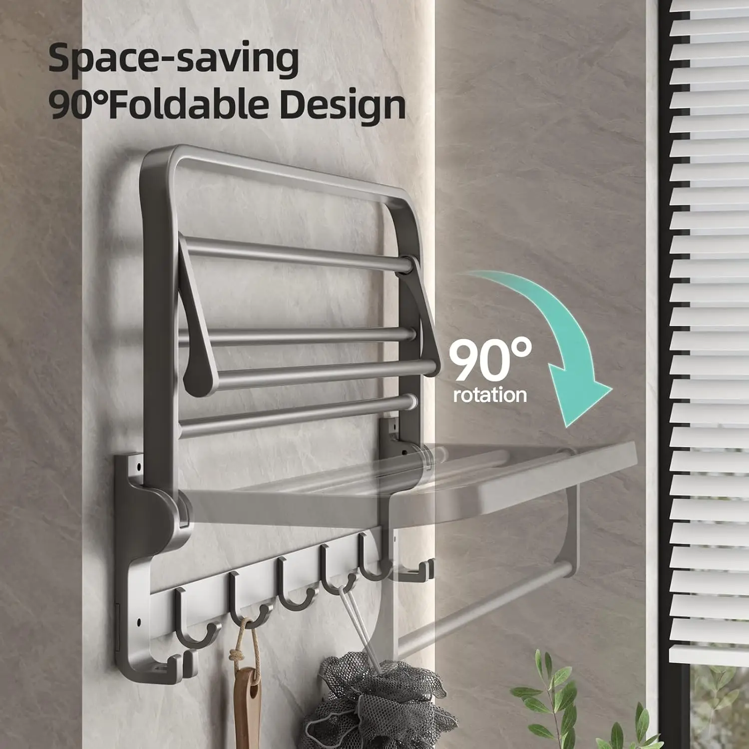 Bathroom Towel Rack with Towel Bar andHooks 23.6 inFoldable Shelf Wall Mounted Lavatory Organizer Modern Gray Finish
