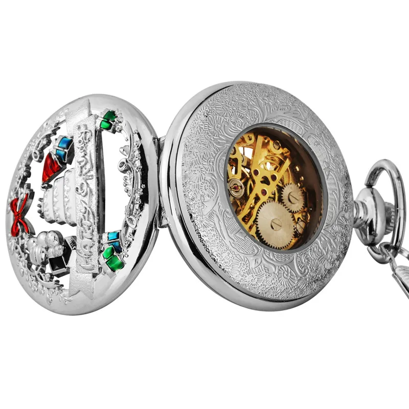 Silver/yellow Gold Pocket Watch Hollow Out Happy Birthday Cake Design Unisex Hand Winding Mechanical Clock Timepiece with Chain