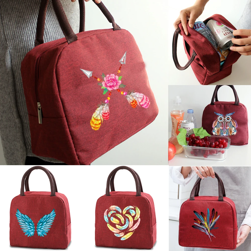 

Women Work Thermal Bento Pouch Lunch Bag Kids Food Lunch Cooler Bags Insulated Canvas Tote Pack Feather Print Organizer Handbags