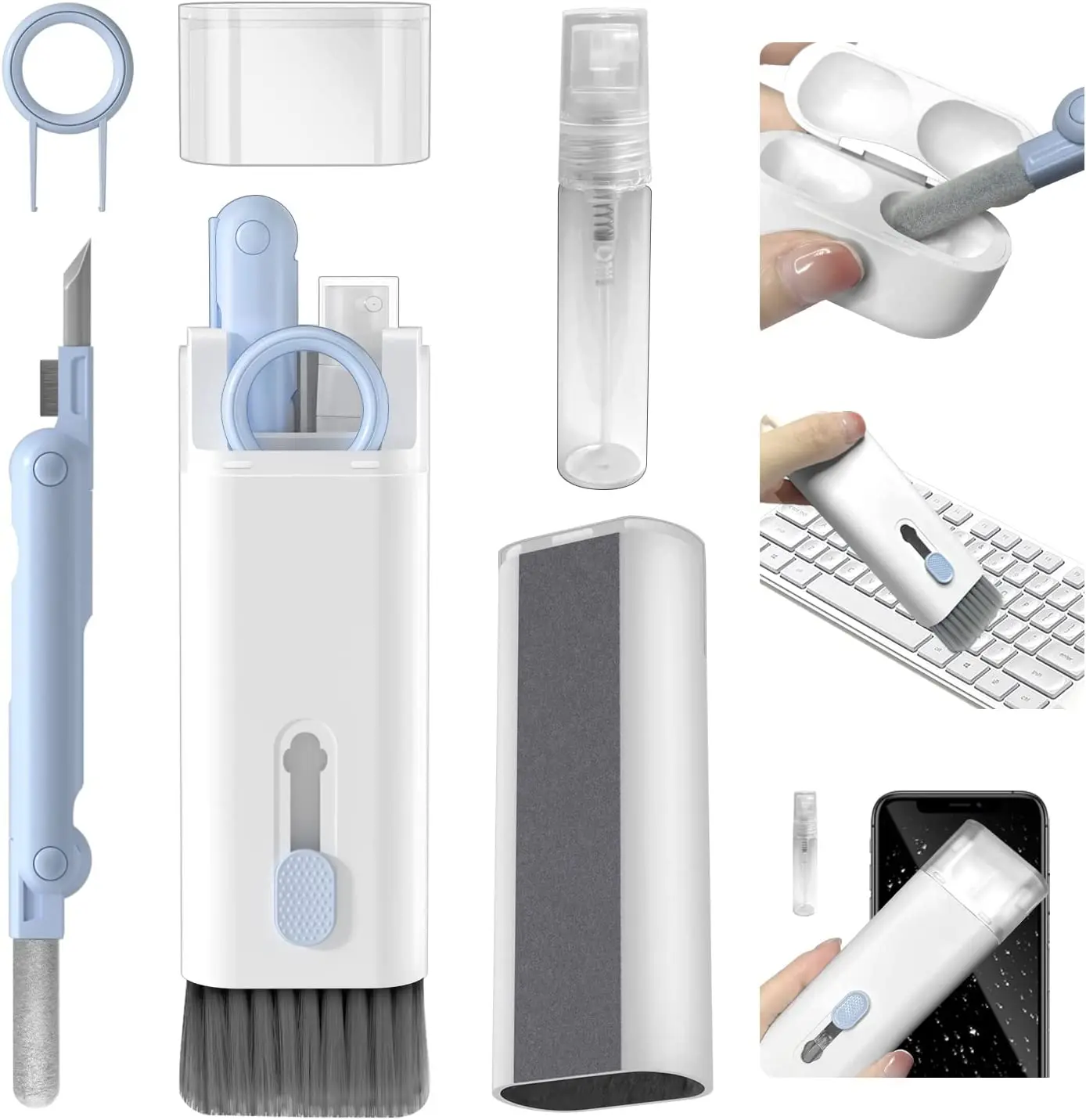 Kit de limpeza multifuncional para limpador de teclado, fones de ouvido Cleaning Pen, Keycap Puller Set, AirPods, iPhone, iMac, MacBook, 7 em 1