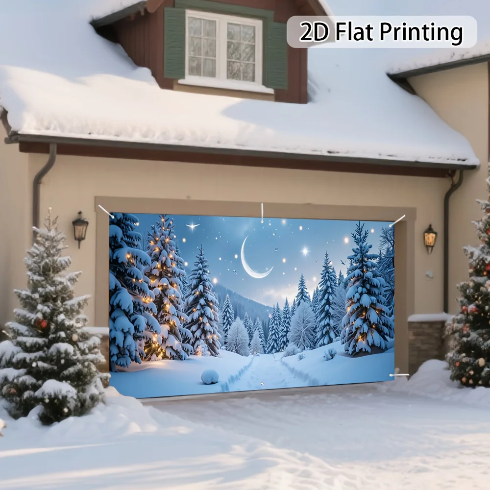 Ein flacher 2D-Stoff für die Garagentorbanner im Winterwald, Schneeszene, perfekter Polyester-Hintergrundstoff im Winter-Weihnachtsthema – Detail 9