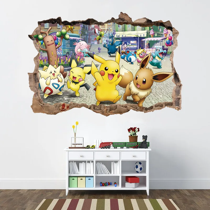 Pokemon pikachu adesivos de parede anime kawaii papel de parede sala quarto  dos desenhos animados pvc quebrado 3d graffiti decoração presente novo -  AliExpress