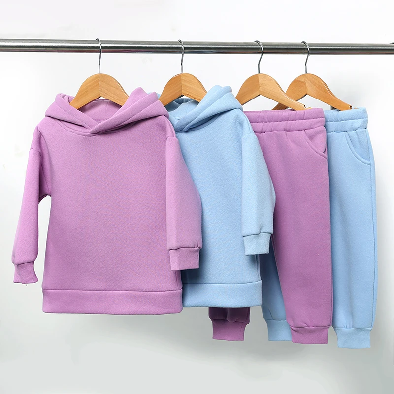 2024 New Arrivals Little Girls Clothing Tracksuit 2 Pieces Set Warm Fleece Plain Top Sweatshirt+Pants Loungewear Suit For Kids