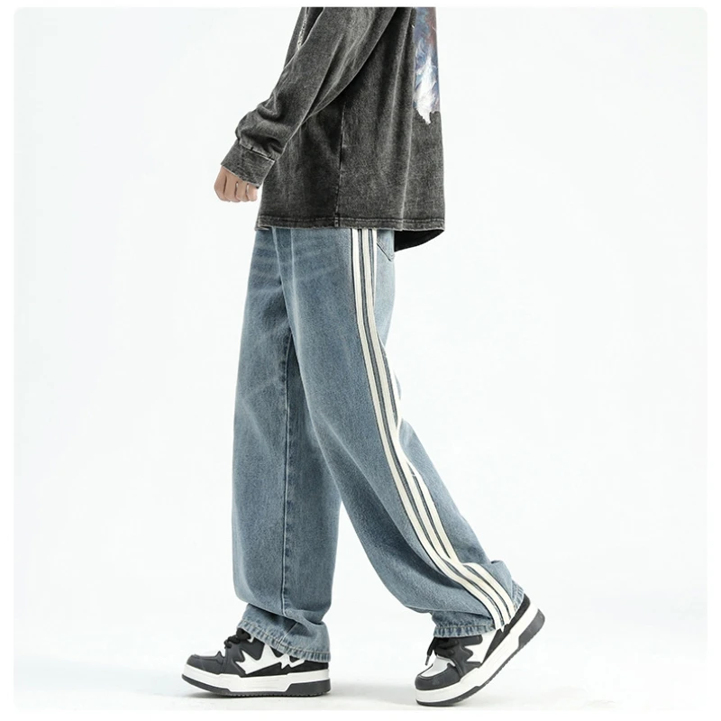 

Autumn Winter American Striped Loose Jeans Men Students Loose Straight Wide Leg Long Pants Pocket