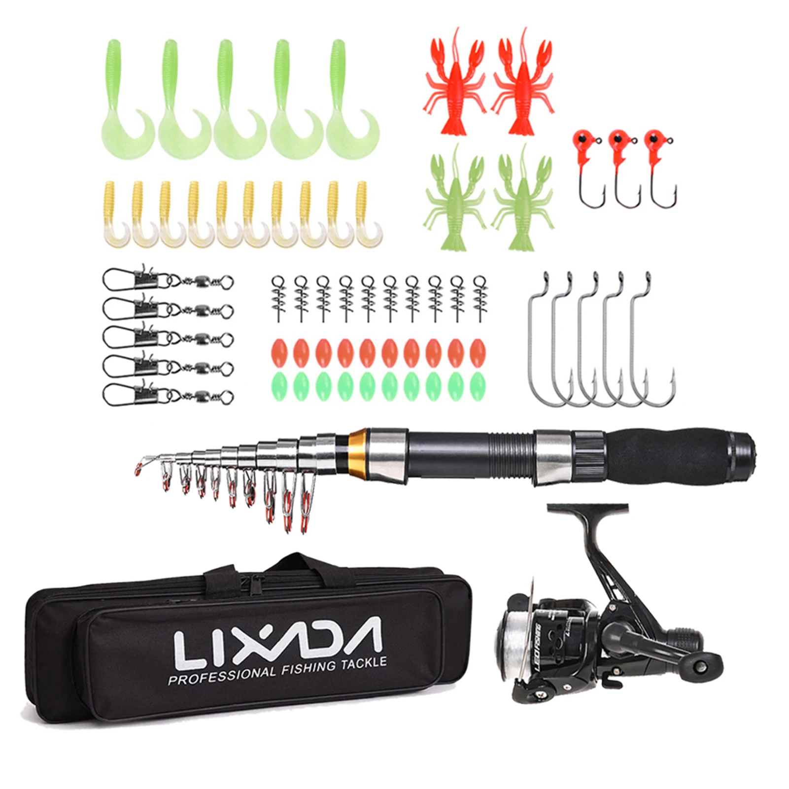 Lixada 낚싯대 릴 콤보 풀 키트, 텔레스코픽 낚싯대, 스피닝 릴 세트, 소프트 루어 배럴 스위블 백, 2.1m, 2.3 m, 2PCs