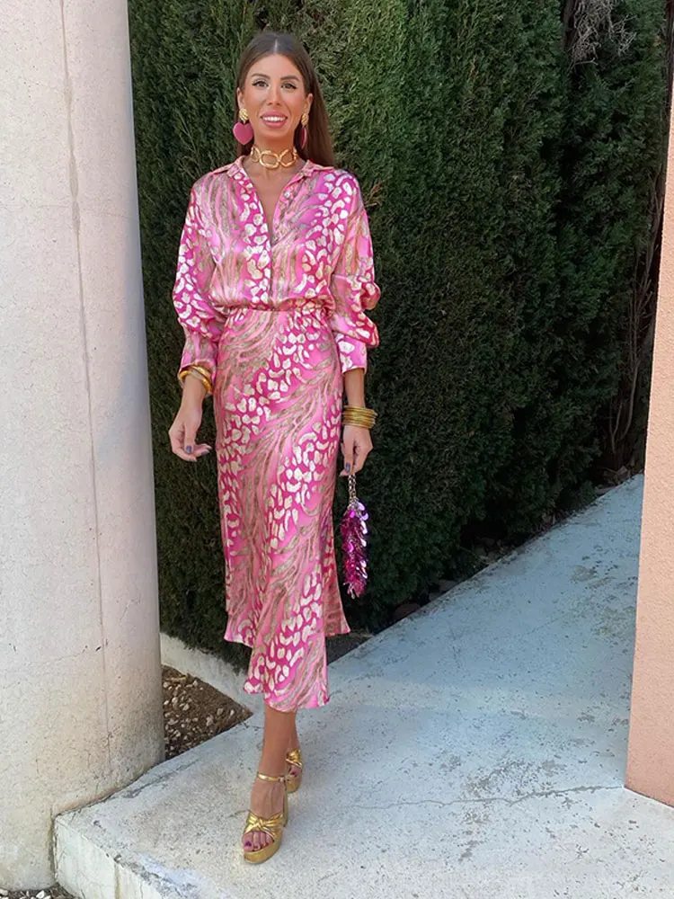 Fashion Printed Skirt Set For Women Elegant Lapel Long Sleeves Shirt High Waist Dress Suites 2024 Spring Lady Chic Street Suit