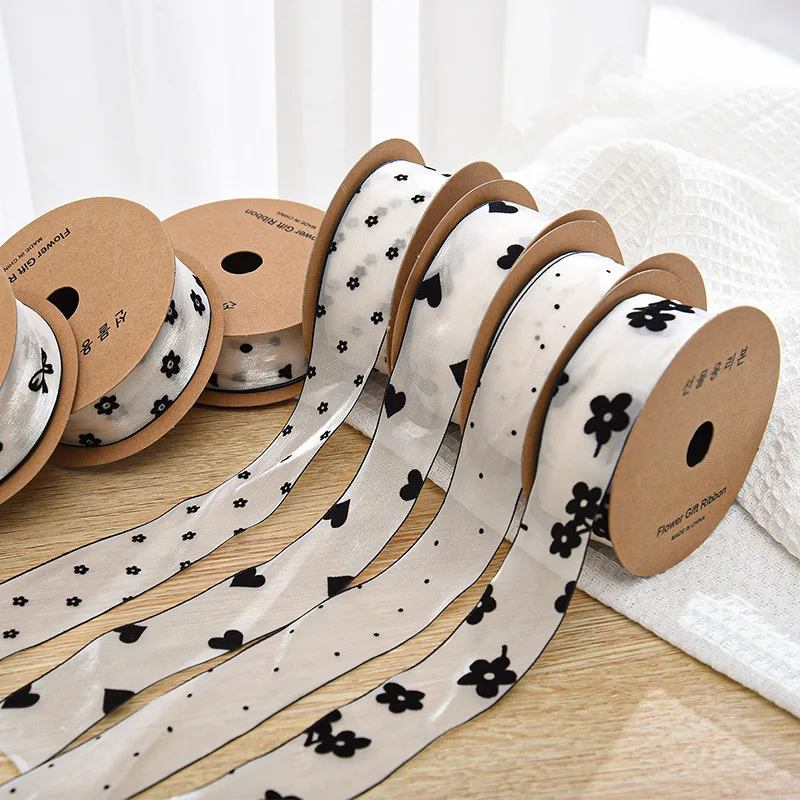 Transparent Ribbon Flowers Bow Heart Print Chiffon Organza Ribbon 4cm 10Yards/Roll For DIY Hair Bows Sewing Gift Packaging