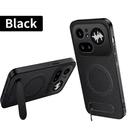 Carbon Fiber Magnetic Leather Case with Kickstand and Shock Proof Matte Shell for Nothing Phone (4a) Pro (Black)