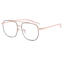 Sleek Blue Light Blocking Fashion Eyeglasses with Metal Double Bridge and Large Frame (Black Rose - gold)