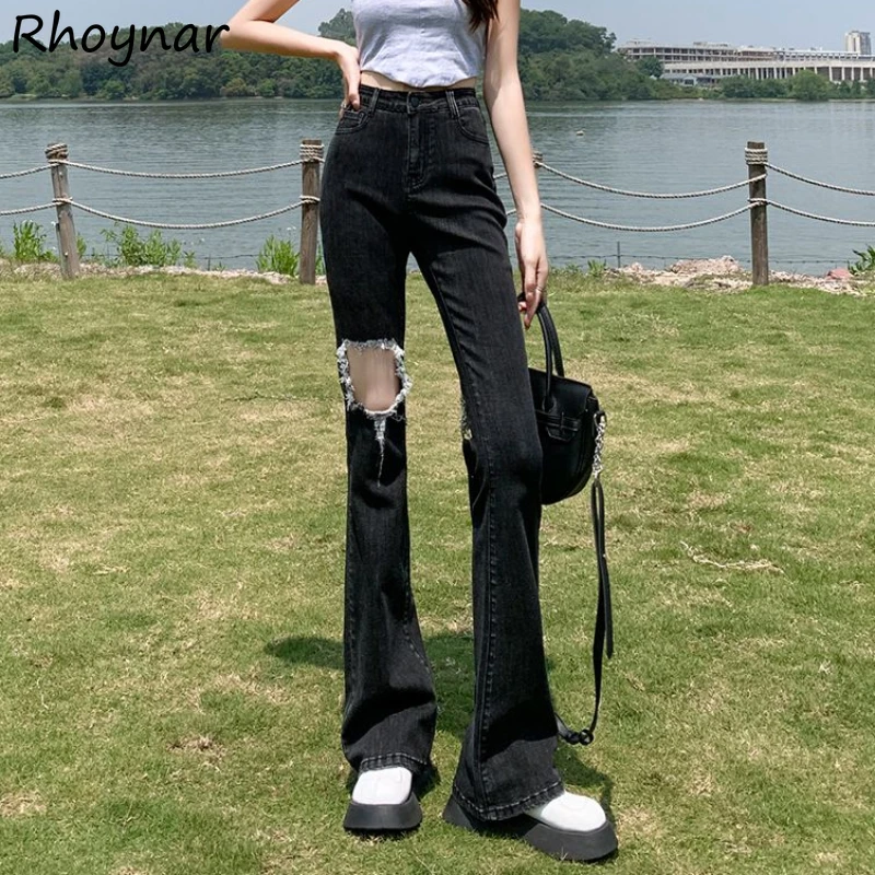 

Jeans Women Spring Cool Girls Hole Slender Flare High Flattering Waist Designed Fur-lined Ulzzang Trendy All-match Chic Fashion