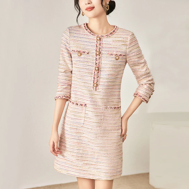 

Элегантные модные платья во французском стиле для женщин, осенне-зимнее платье в полоску с длинным рукавом, женская одежда, винтажное твидовое платье