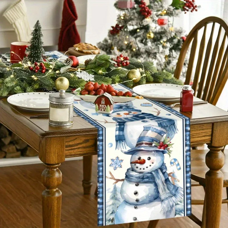 Description Picture 6 of itemChristmas Blue Snowman Linen Table Runner Holiday Wedding Party Decor Xmas Snowflakes Plaid Table Runners Christmas Decorations