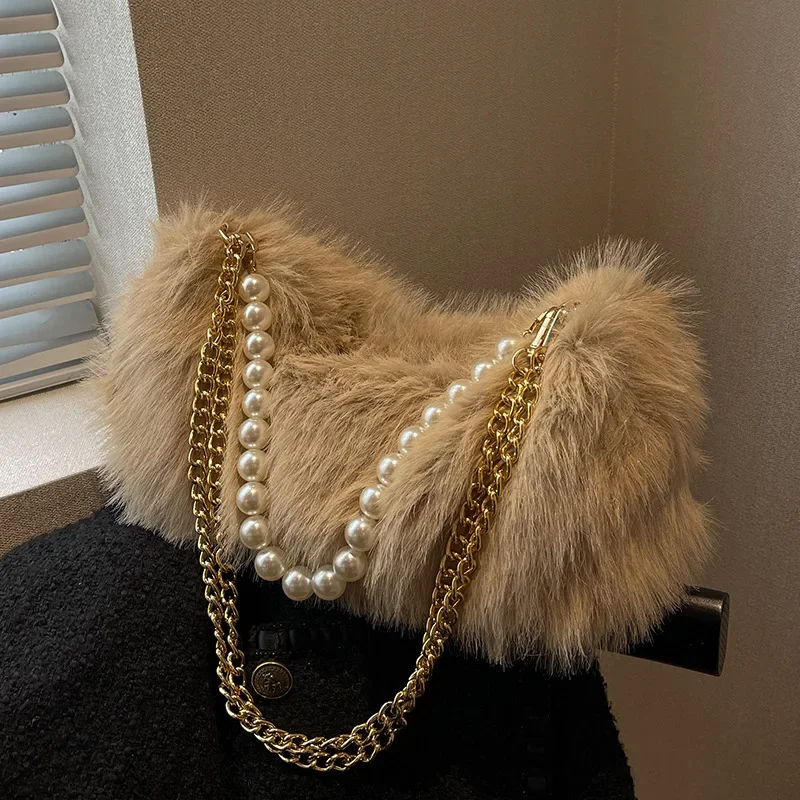 Retro Khaki Pink White Plush Handbags Classic Fashion Large Capacity Tote Bags Metal Pearl Chain Shoulder Bags Party For Women