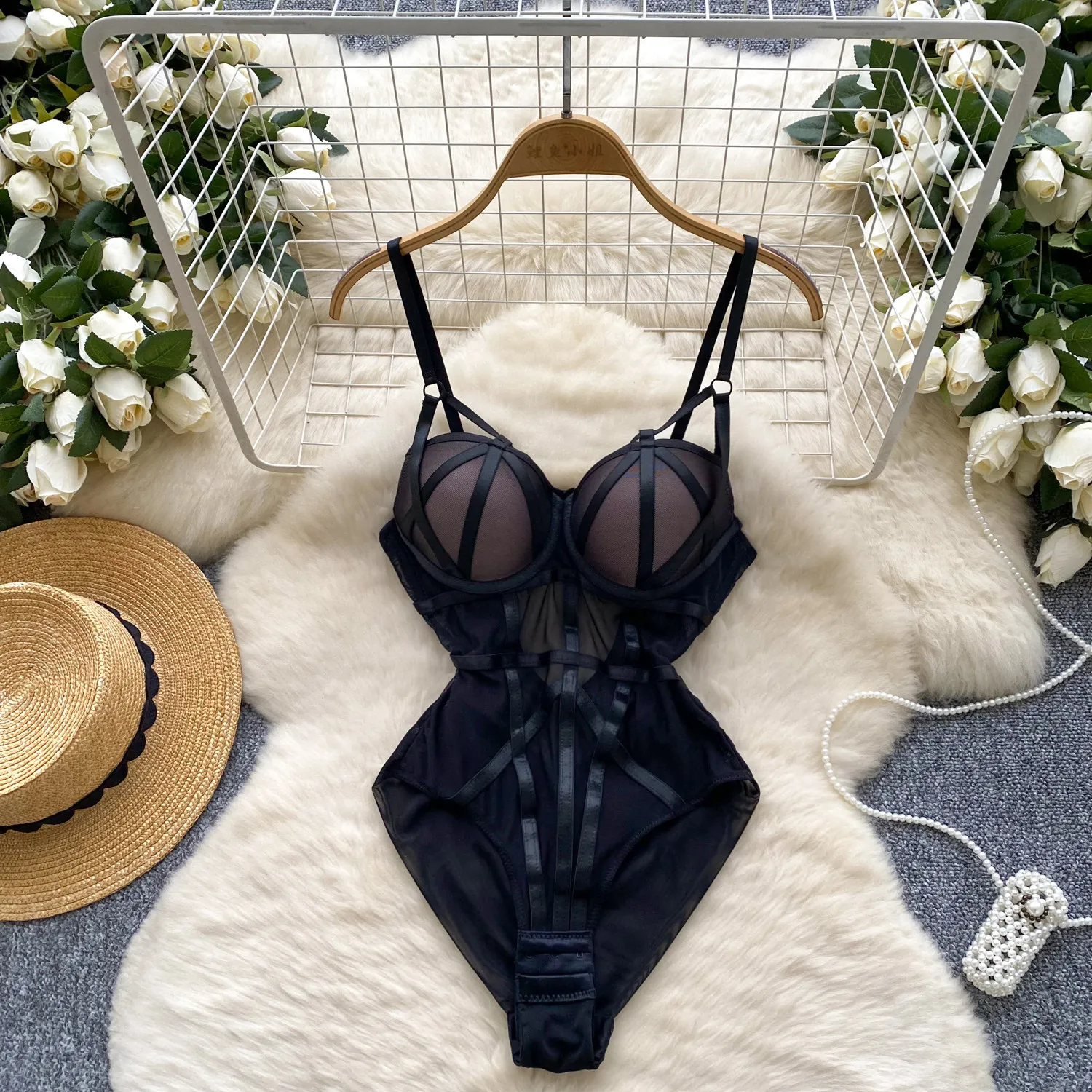 bandage mesh bodysuit front view