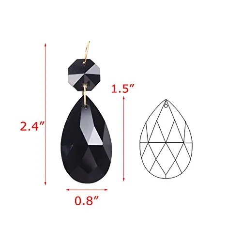 12x 38mm Galss Crystal Teardrop Chandelier Prisms Parts Hanging Pendants Beads +50x Split Ring + 50x 14mm Octagonal Beads Black